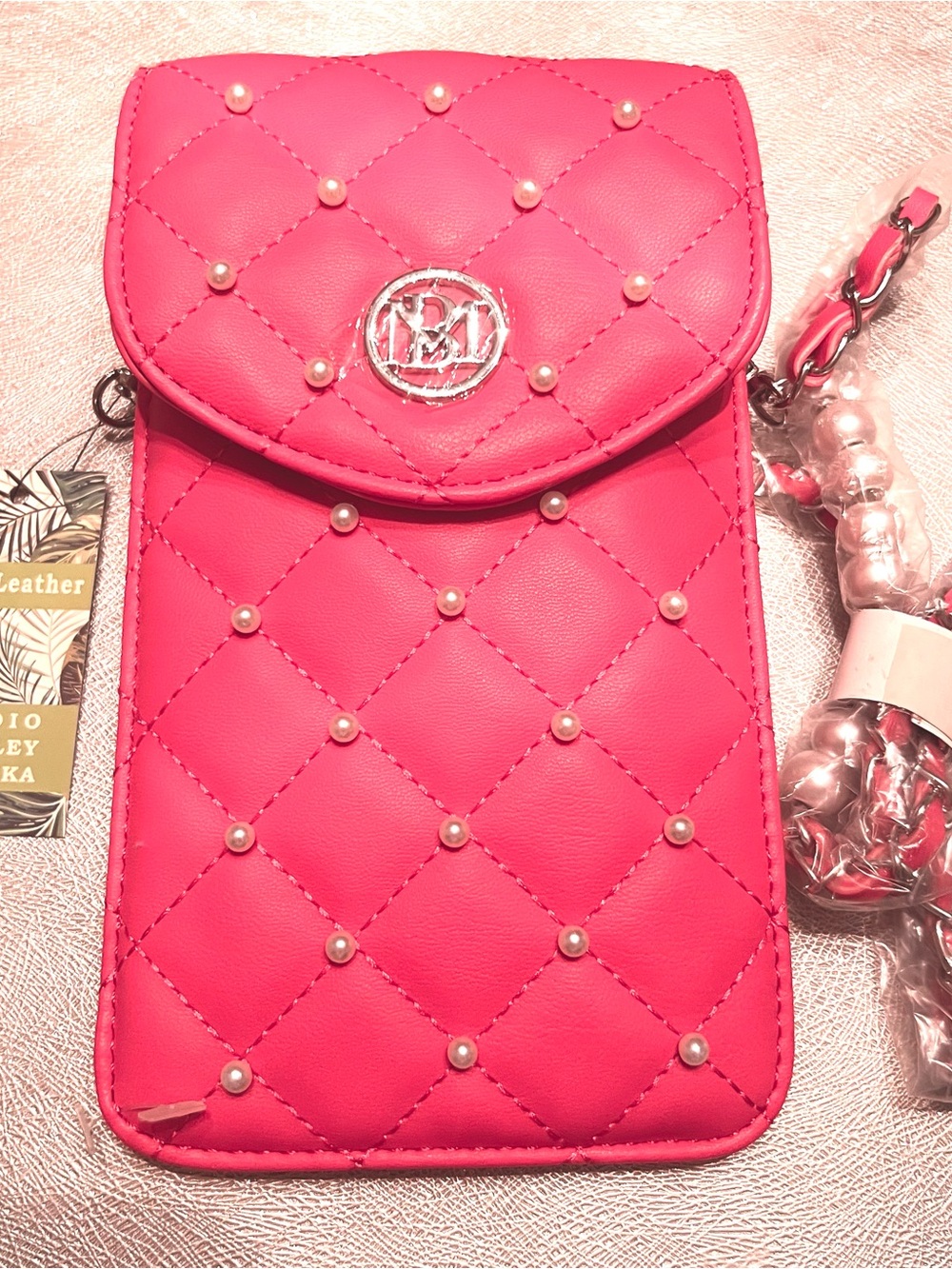 NEW Studio Badgley Mischka Vegan Leather Phone Case W/Diamond Quilting Pink $69.